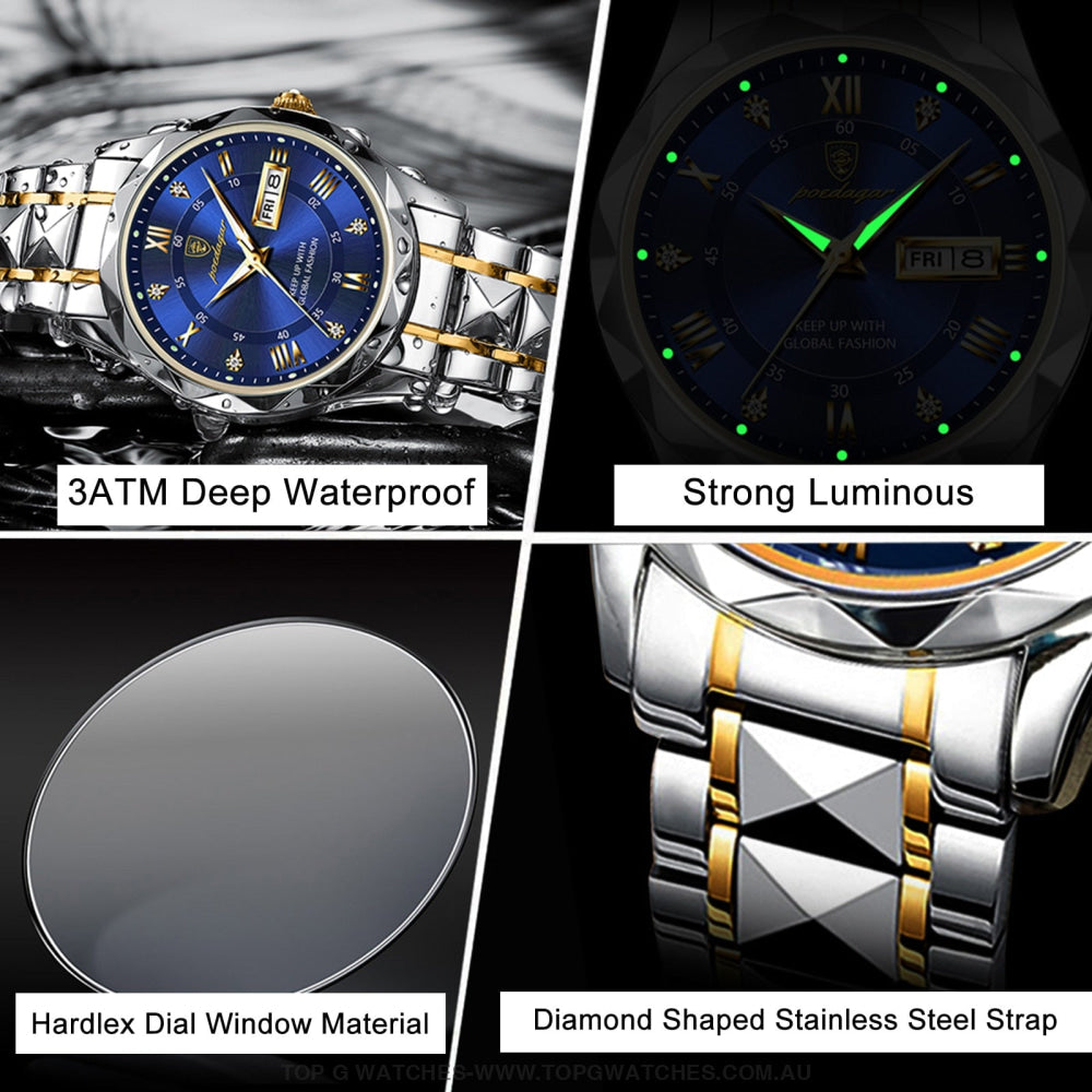 2023 Latest Poedagar Luminous Luxury Stainless-Steel Waterproof Sport Quartz Mens Wristwatch Watches