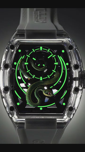 Bonest Gatti BG6004 Transparent Emerald Snake Dial – Skeleton Tonneau Watch