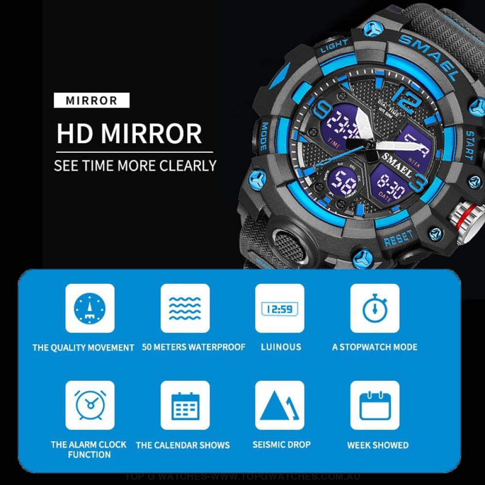 Sport Military Style Alarm Clock Stopwatch LED Digital Dual Time Display Waterproof Watch - Top G Watches