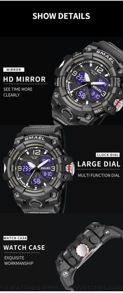 Sport Military Style Alarm Clock Stopwatch LED Digital Dual Time Display Waterproof Watch - Top G Watches