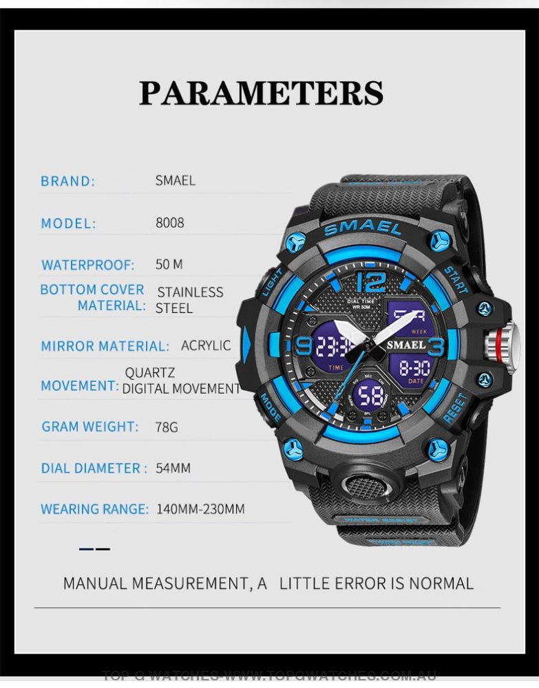 Sport Military Style Alarm Clock Stopwatch LED Digital Dual Time Display Waterproof Watch - Top G Watches