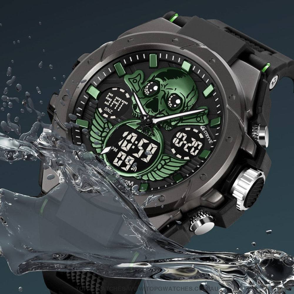 New Gold STRYVE Skull Concept Digital-Analog Dual Display Stopwatch Multifunction 50M Waterproof Sports Fashion Divers Watch - Top G Watches