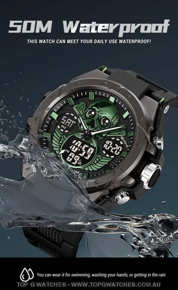 New Gold STRYVE Skull Concept Digital-Analog Dual Display Stopwatch Multifunction 50M Waterproof Sports Fashion Divers Watch - Top G Watches