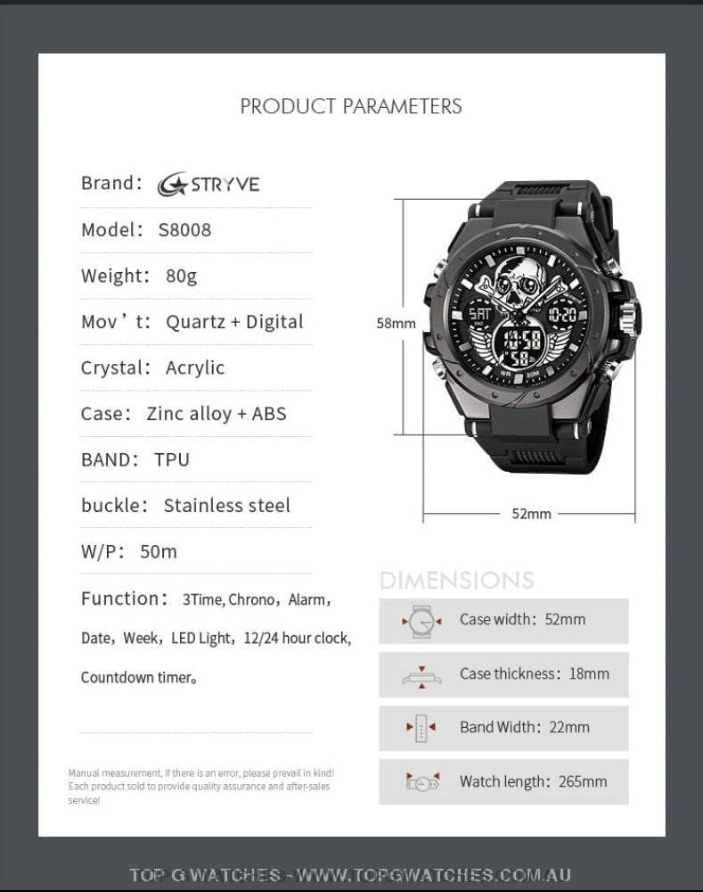 New Gold STRYVE Skull Concept Digital-Analog Dual Display Stopwatch Multifunction 50M Waterproof Sports Fashion Divers Watch - Top G Watches