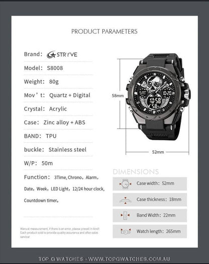 New Gold STRYVE Skull Concept Digital-Analog Dual Display Stopwatch Multifunction 50M Waterproof Sports Fashion Divers Watch - Top G Watches
