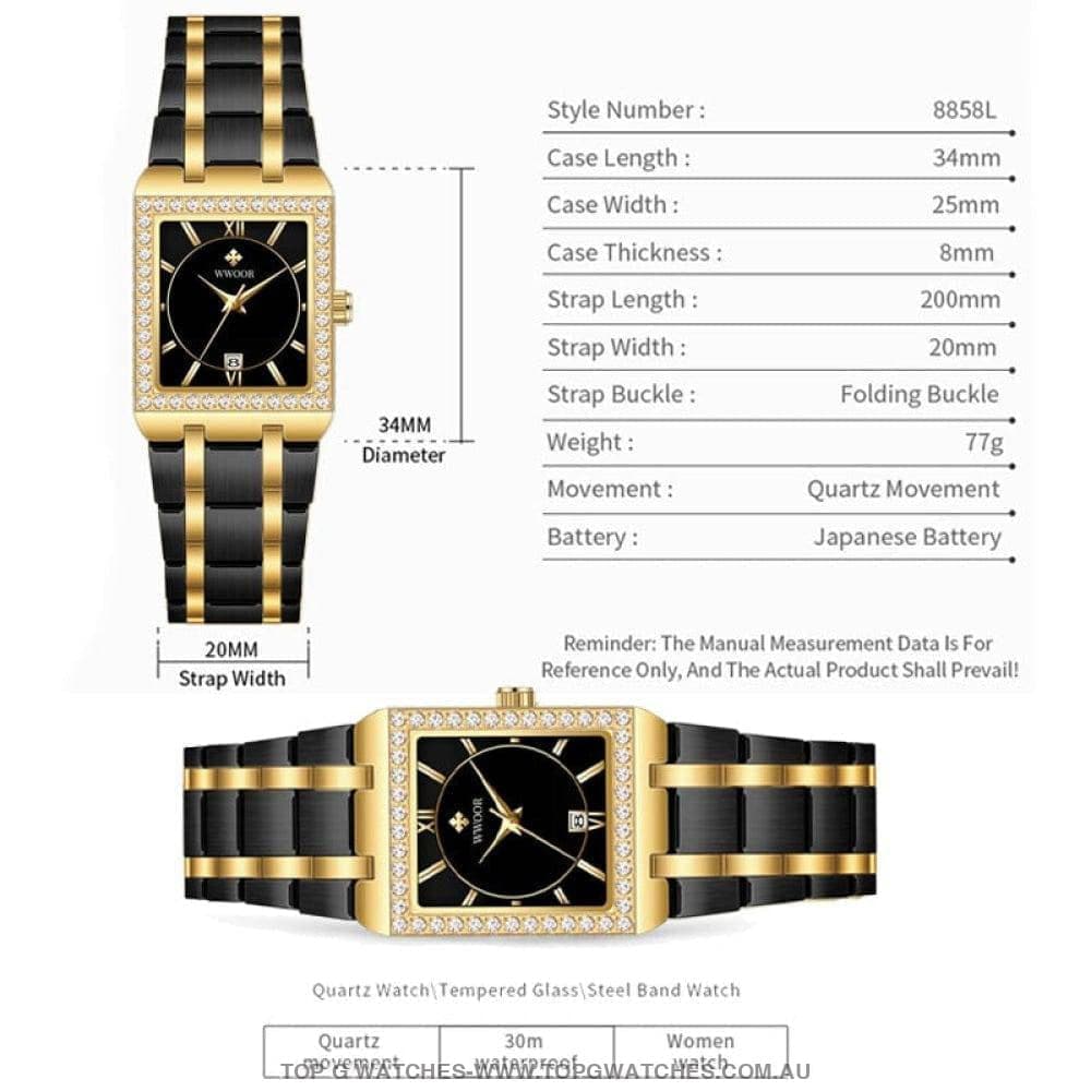 Classy Wwoor Fashion Square Ladies Diamond Jewel Luxury Quartz Dress Watch - Top G Watches